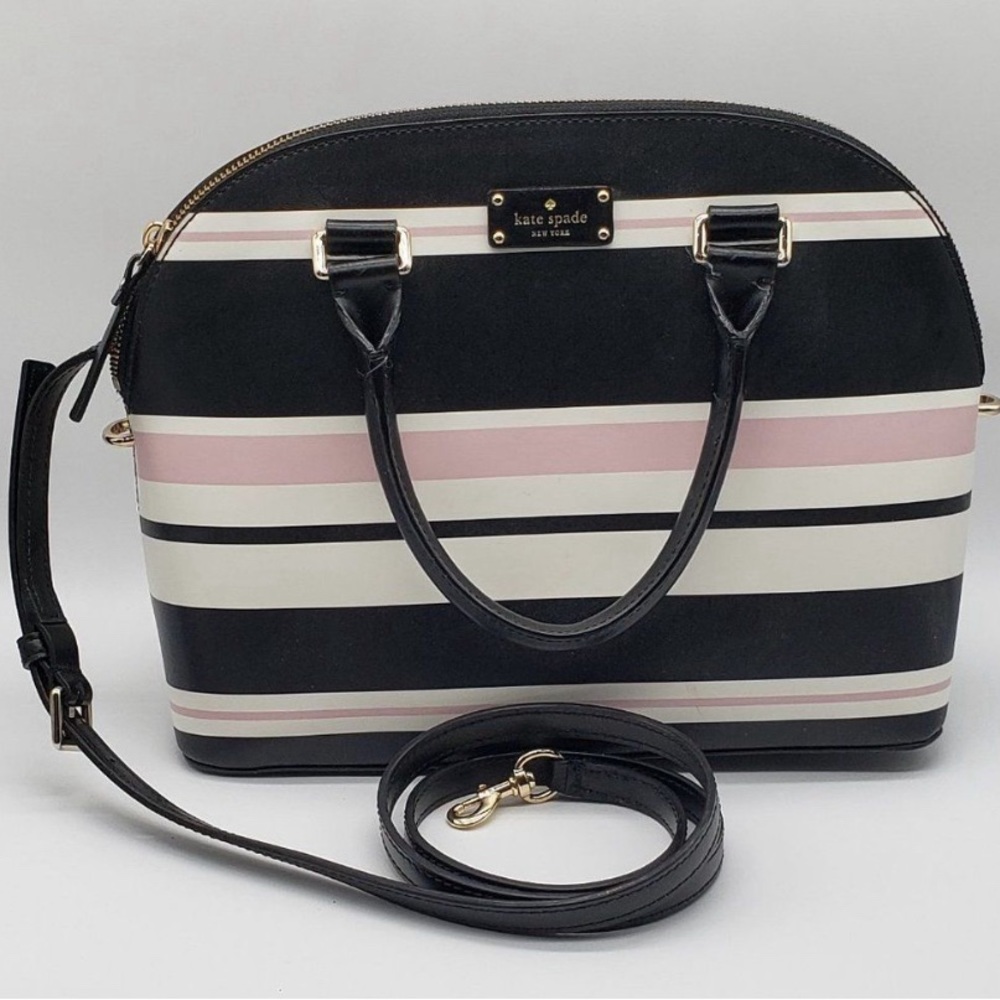 Kate Spade New York "Carli" Black Pink White Horizontal Striped Satchel Handbag